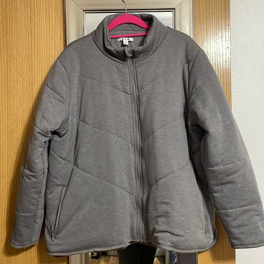 Three Dots grey quilted zip up jacket XXL like new long sleeve front pockets